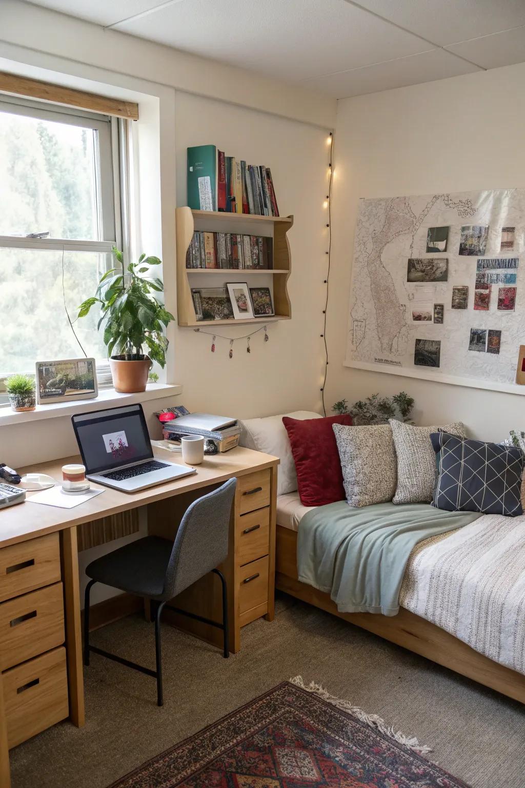 Study and relaxation zones are cleverly divided in this dorm room.