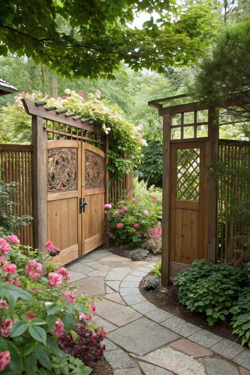 A double swing gate with privacy panels creating a secluded garden retreat.