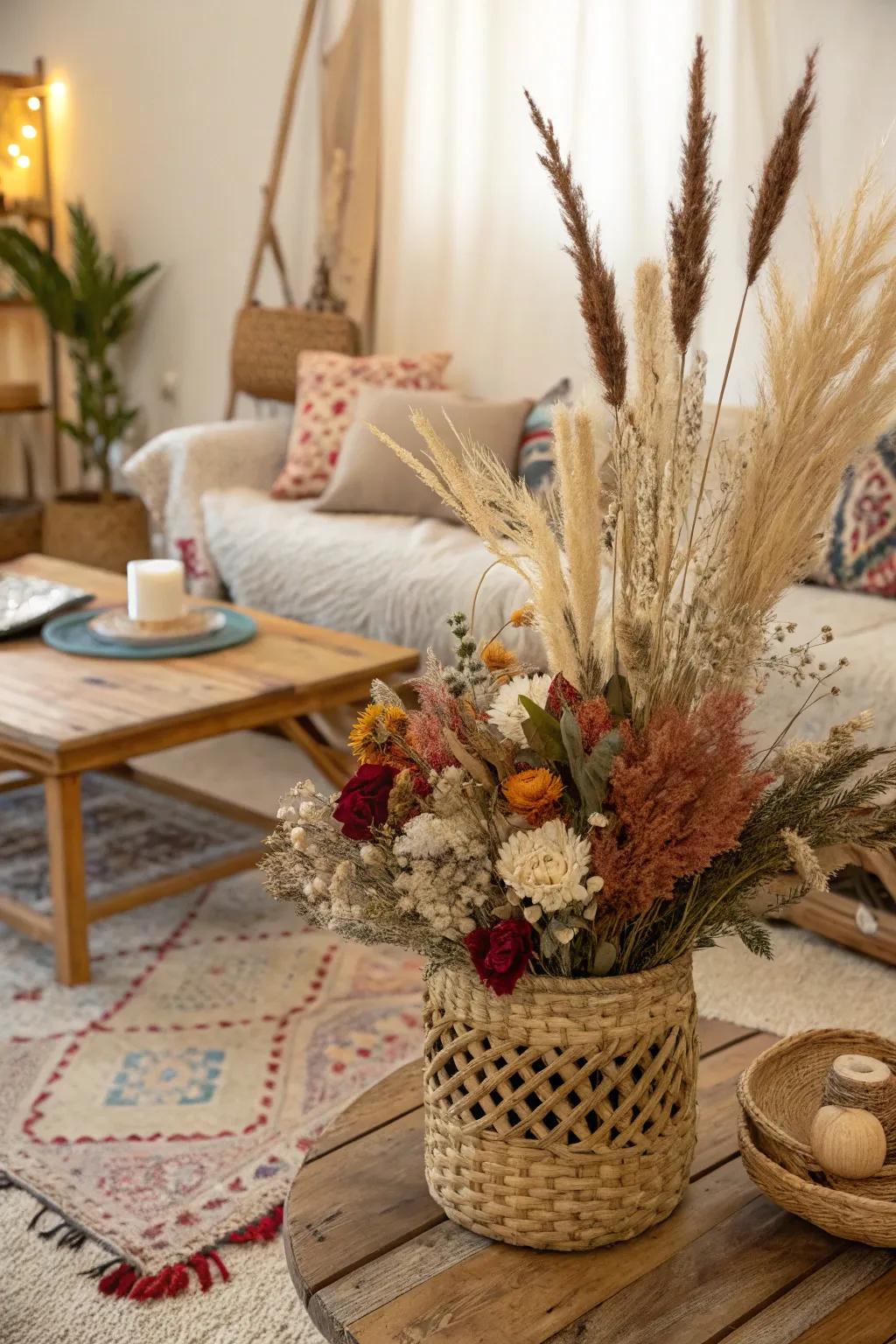 A textural feast with an eclectic mix of dried florals.