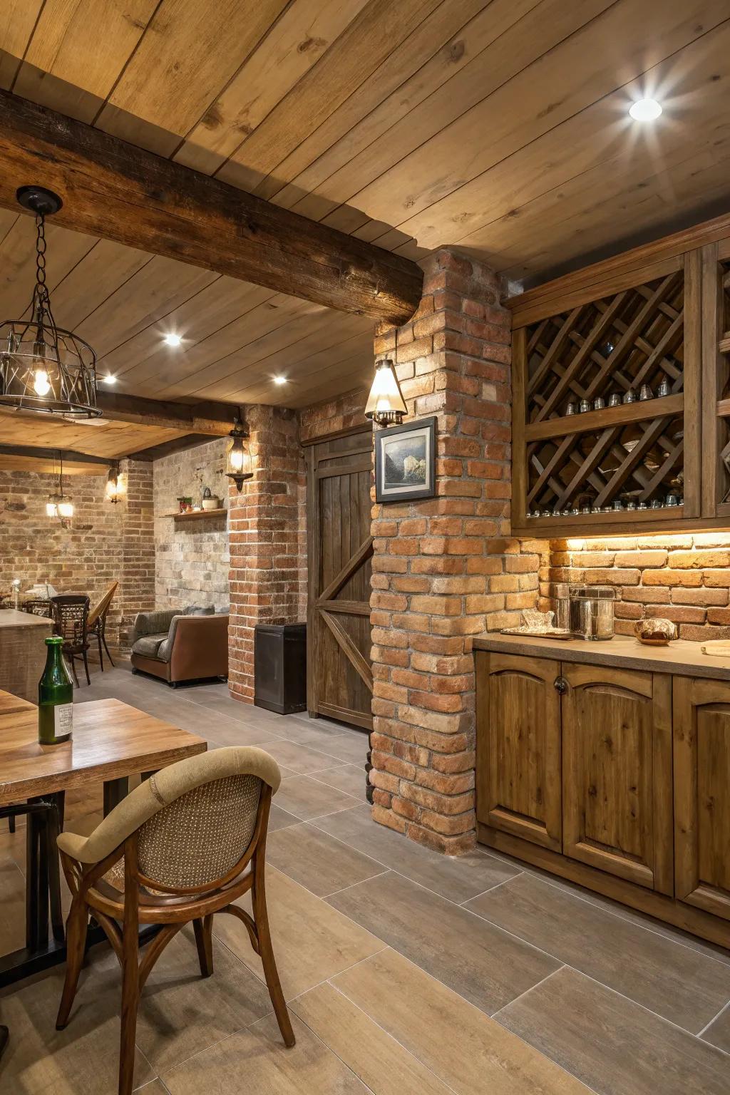 An interior featuring reclaimed wood and bricks, creating a warm and inviting atmosphere.