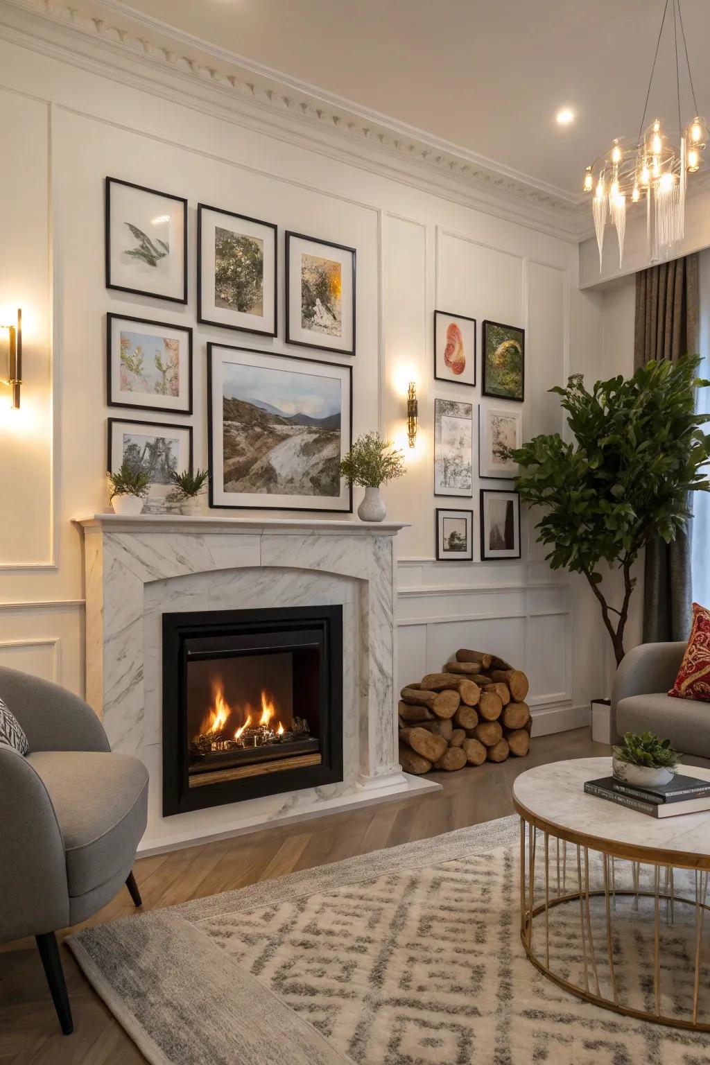 An electric fireplace surrounded by curated artwork in a stylish living room.