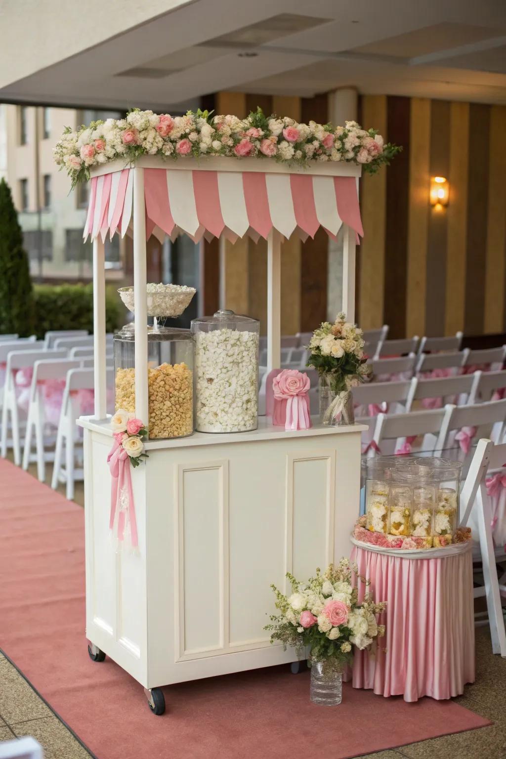 A themed popcorn bar setup that perfectly matches the wedding's color scheme and decor.