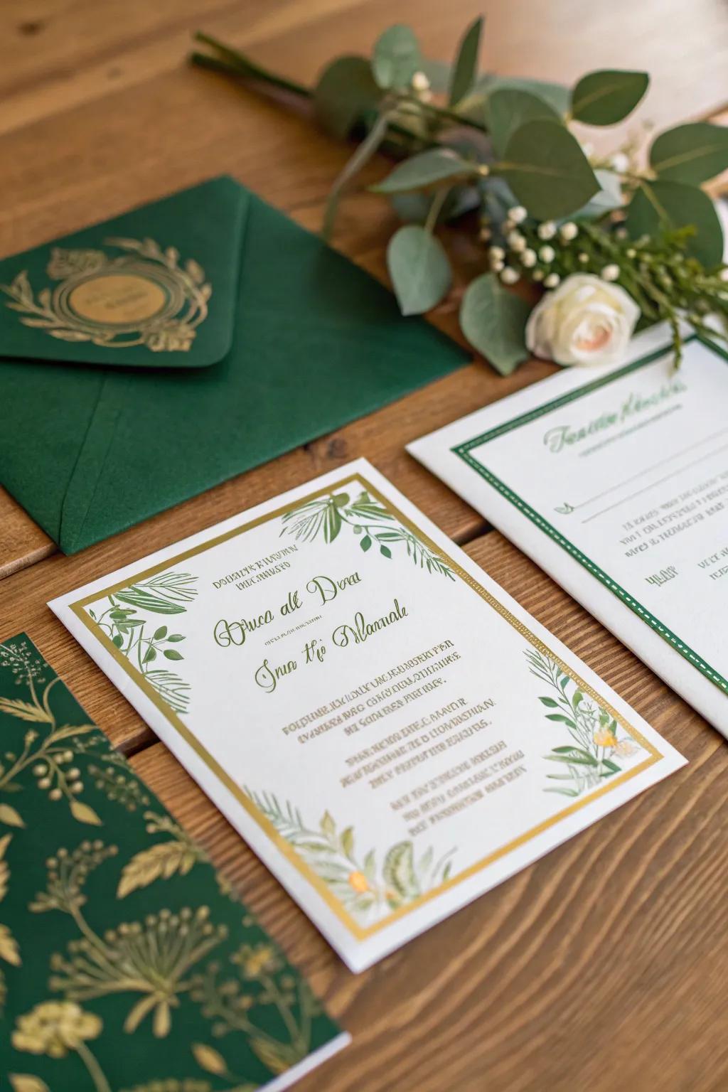 Elegant wedding invitations featuring emerald green and gold.