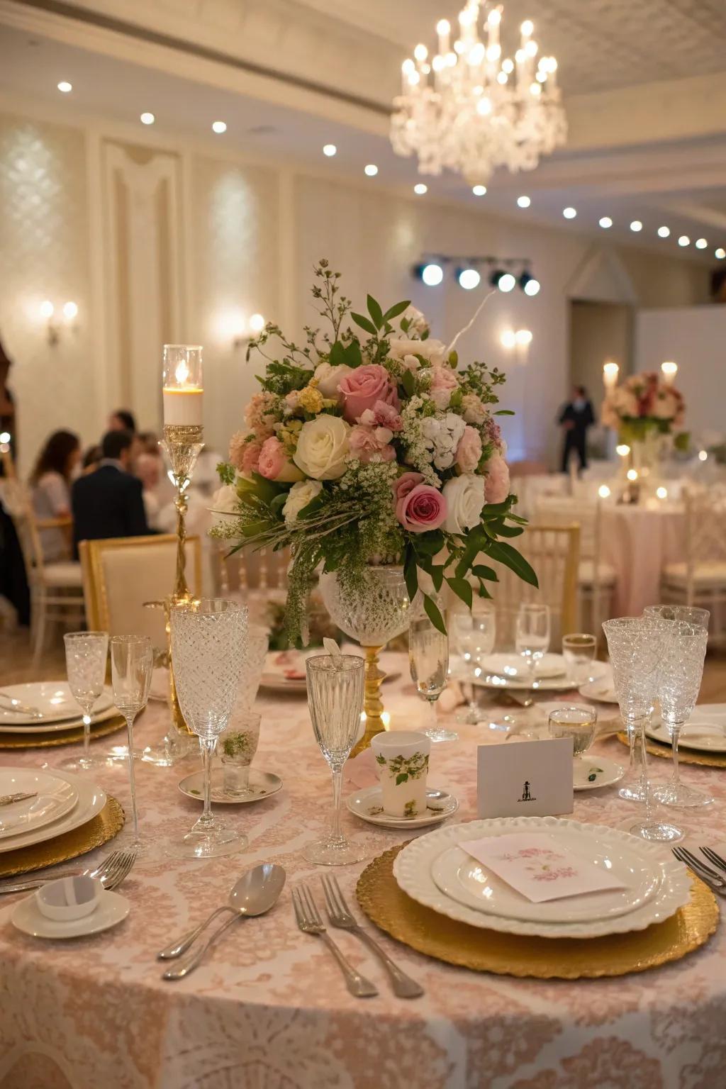 An elegant table setting with floral centerpiece.