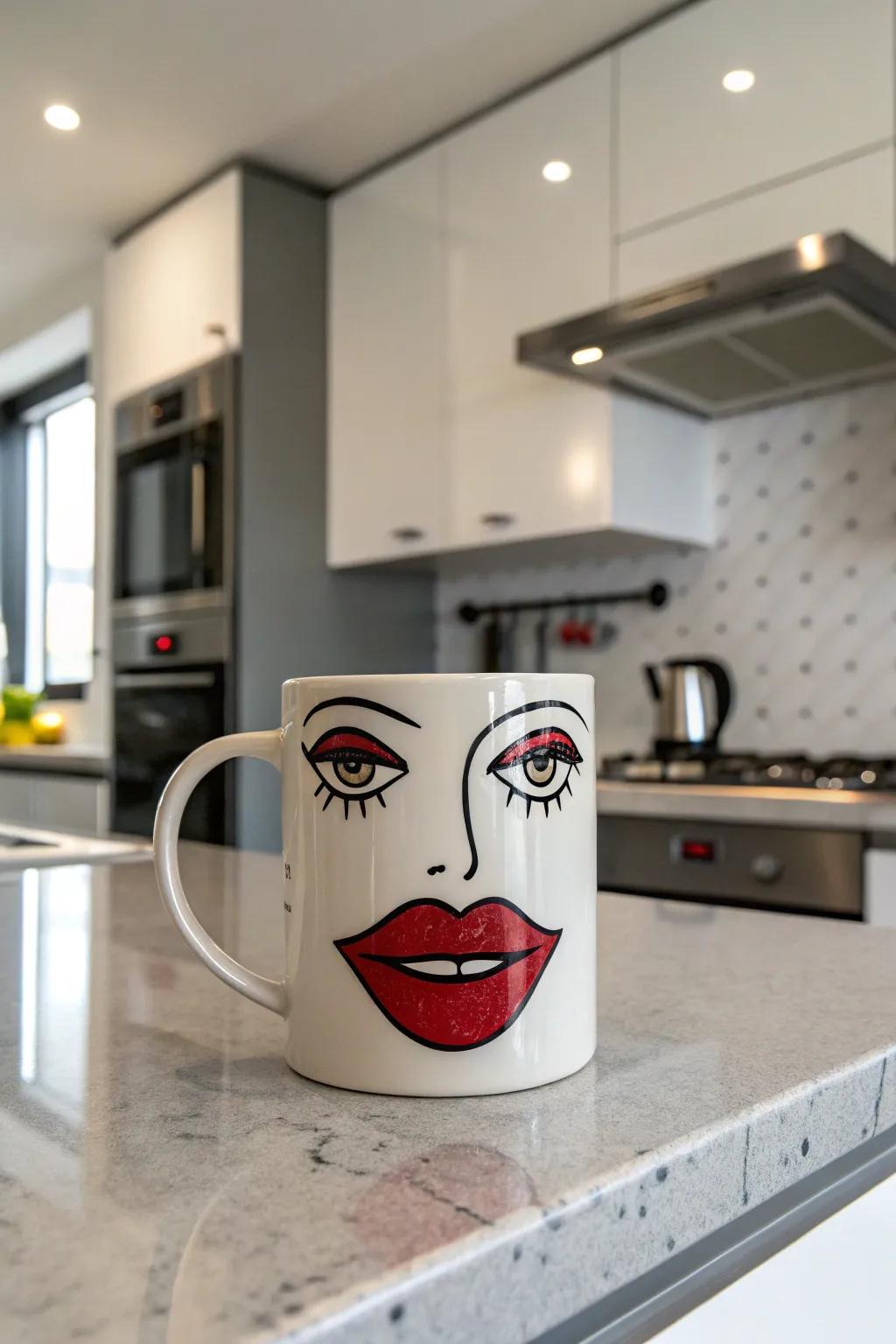 An eccentric face mug featuring oversized lips for a fun, unconventional appearance.