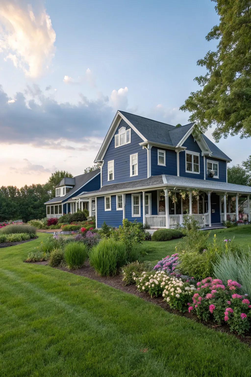 Navy blue farmhouse exterior that’s both bold and classic.