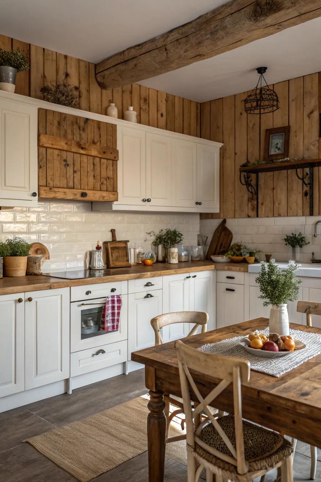 Warm wood-look sections as a backsplash fashion a snug, countryside vibe within this country-style kitchen.
