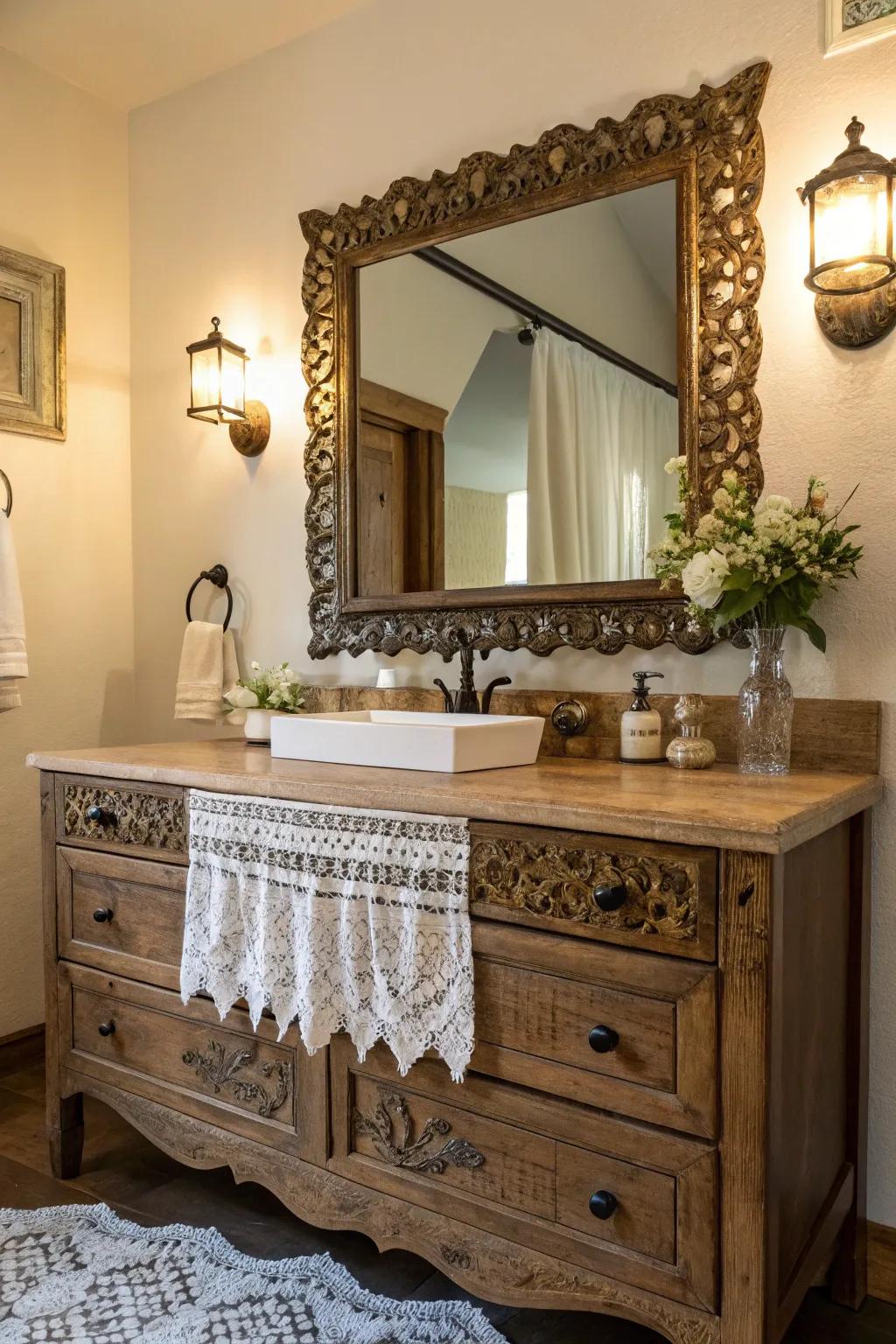 An ornate mirror serves as a stunning focal point.