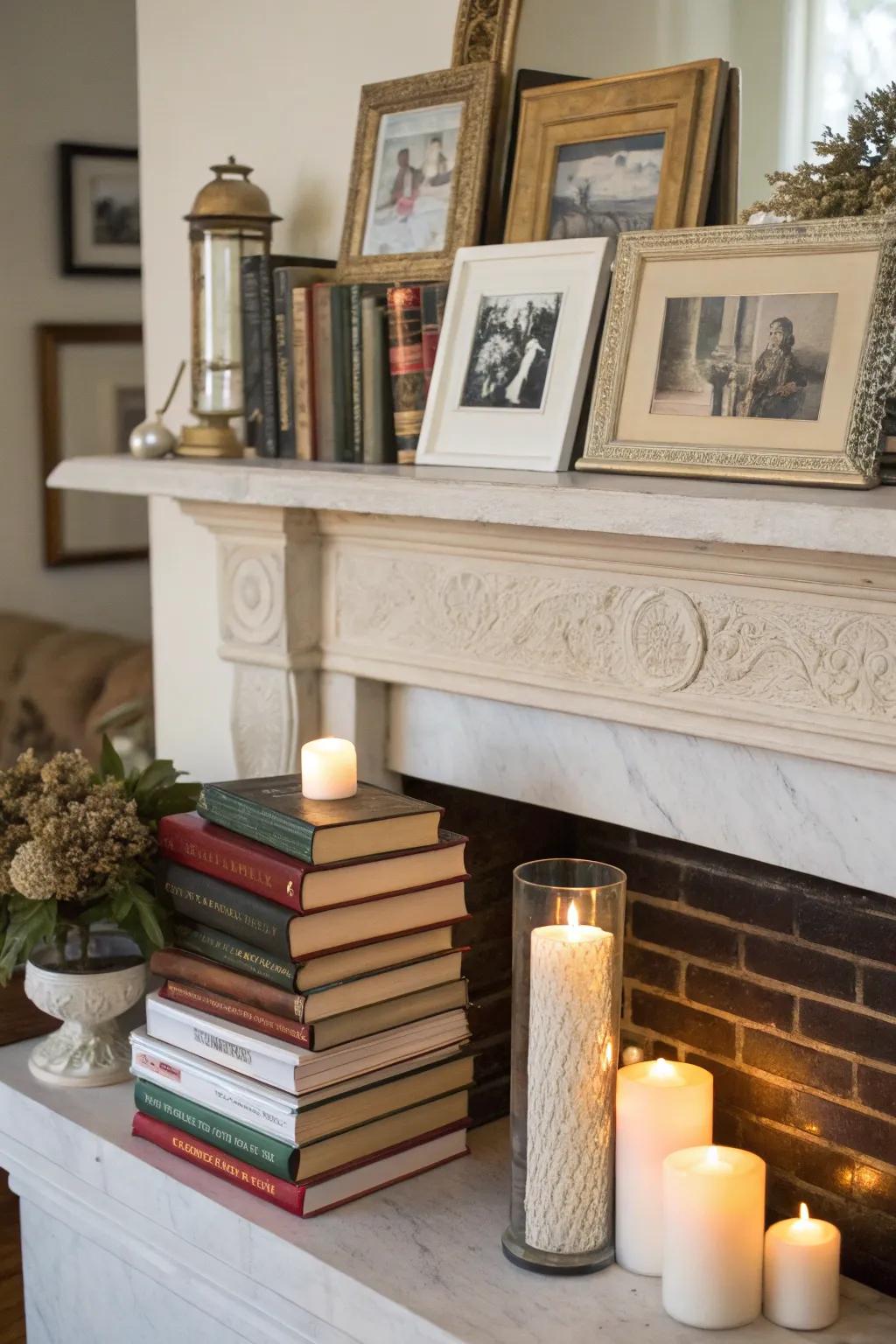 A personalized mantel, showcasing a selection of books and keepsakes.
