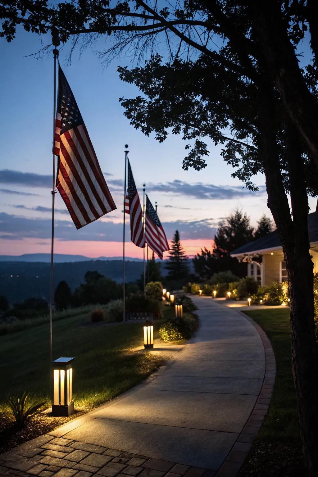 A flag lot driveway beautifully lit by soft pathway lighting, creating a welcoming glow at dusk.