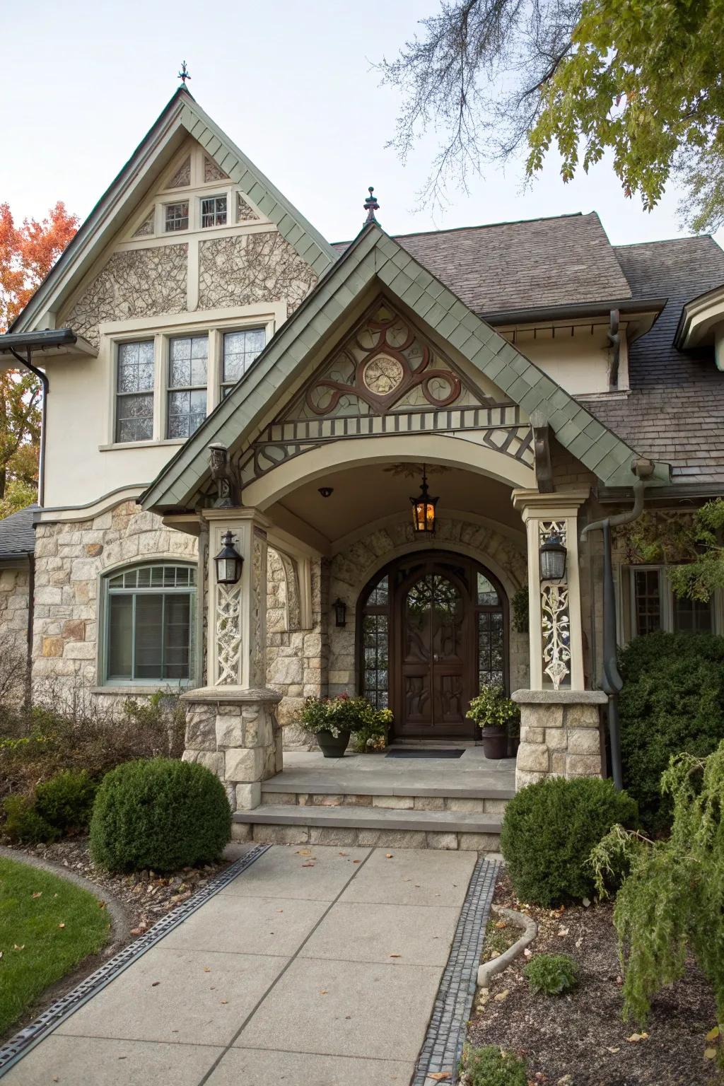 A covered entryway with a gabled roof offers both protection and style.