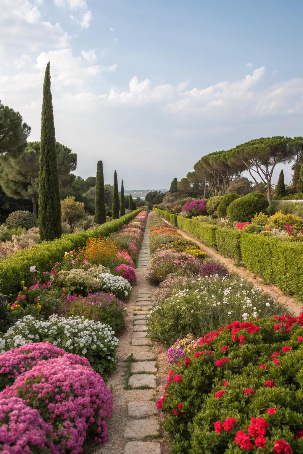 Symmetrical planting adds a touch of elegance to this Mediterranean landscape.