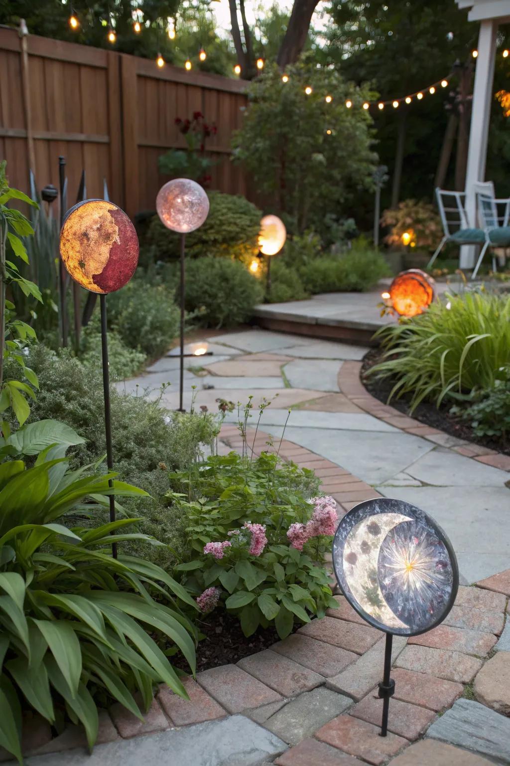 Moon phase glass posts adding a hint of magic to the night garden.