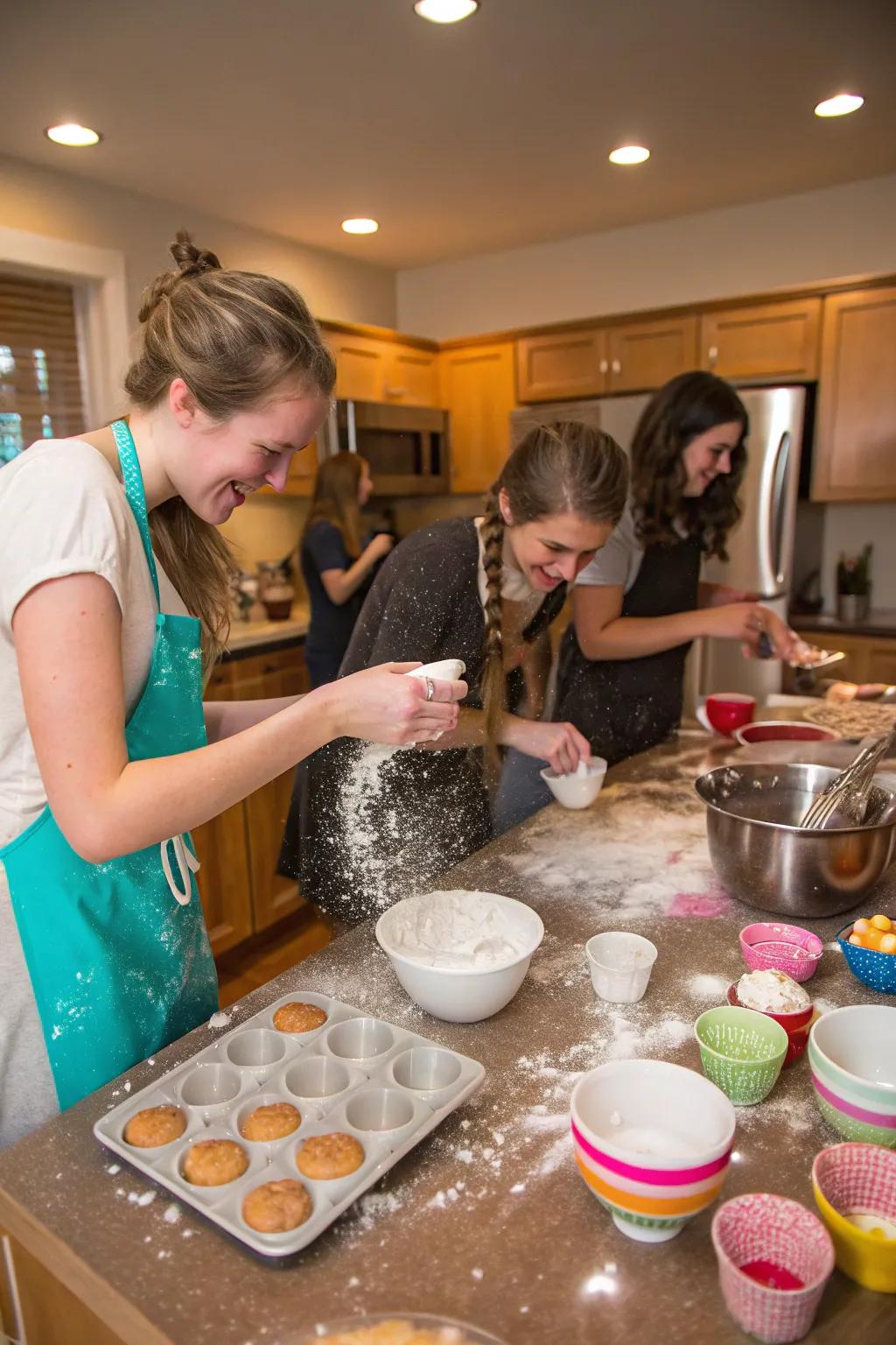 An enjoyable baking get-together with friends making sweet treats.