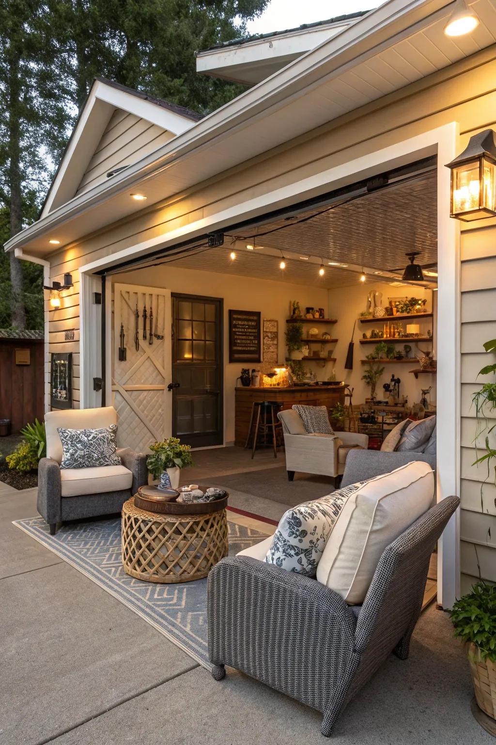 Revamp your garage with a cozy relaxation spot for unwinding.