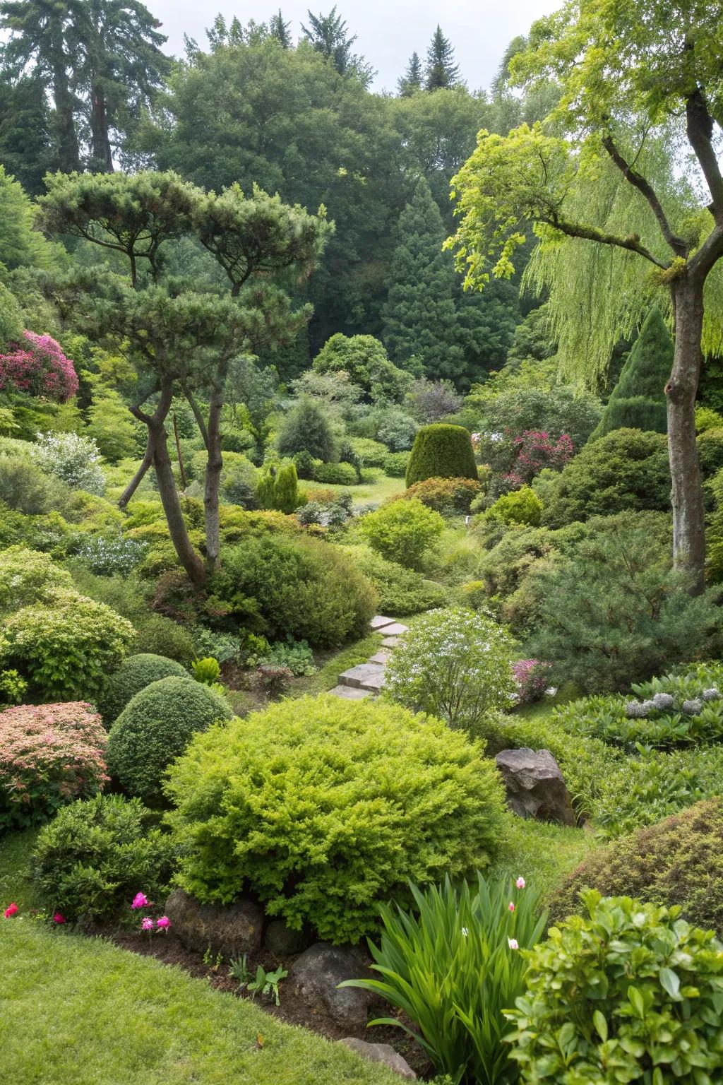 An inviting garden filled with lush greenery and a variety of plants and shrubs.