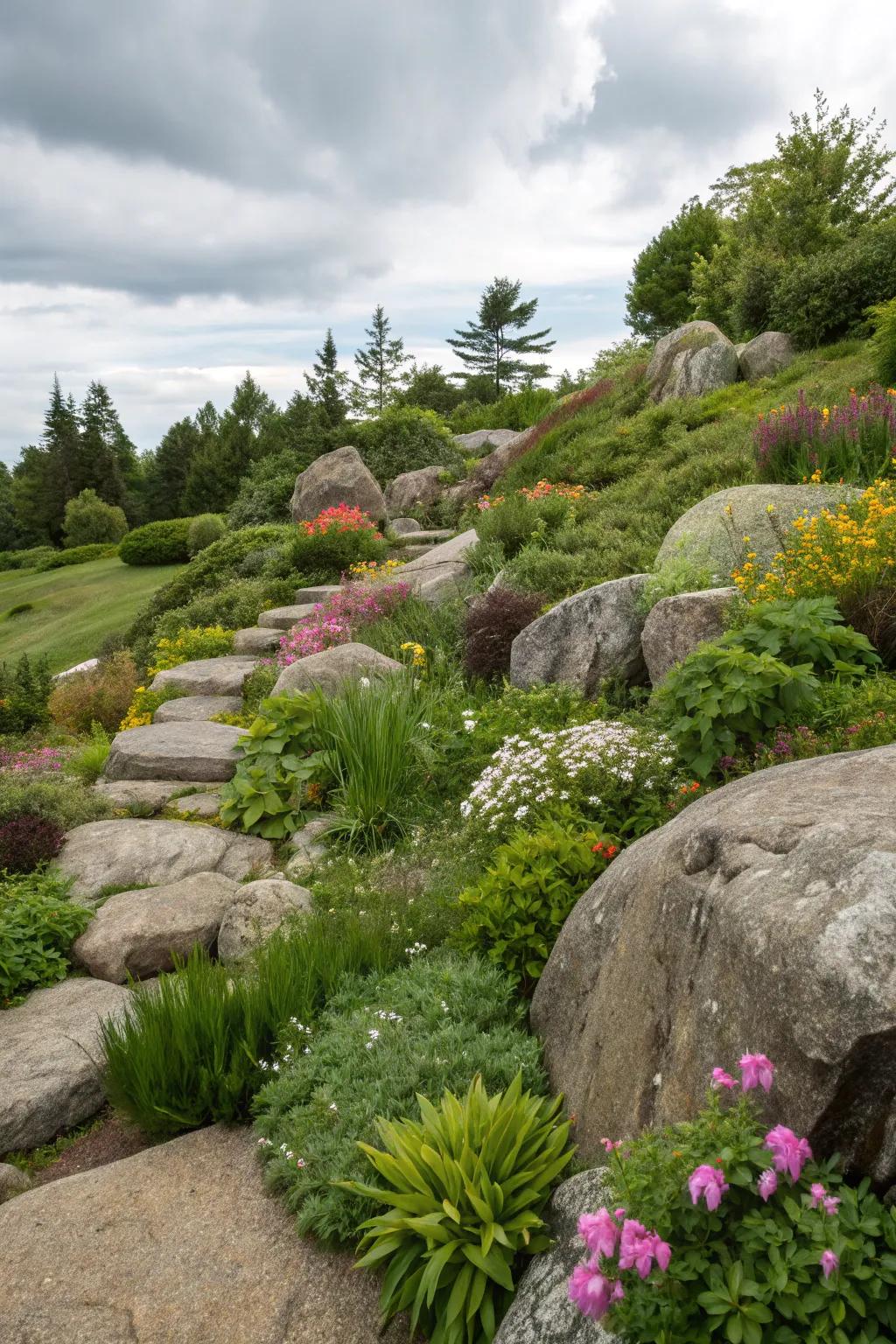Natural rock features add stability and rustic allure to a sloped garden.