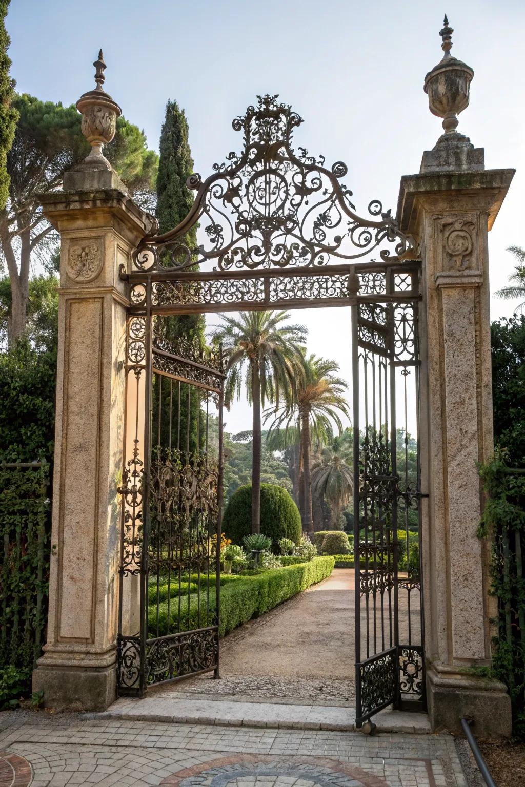 Ornamental ironwork adds artistic flair to this gate design.