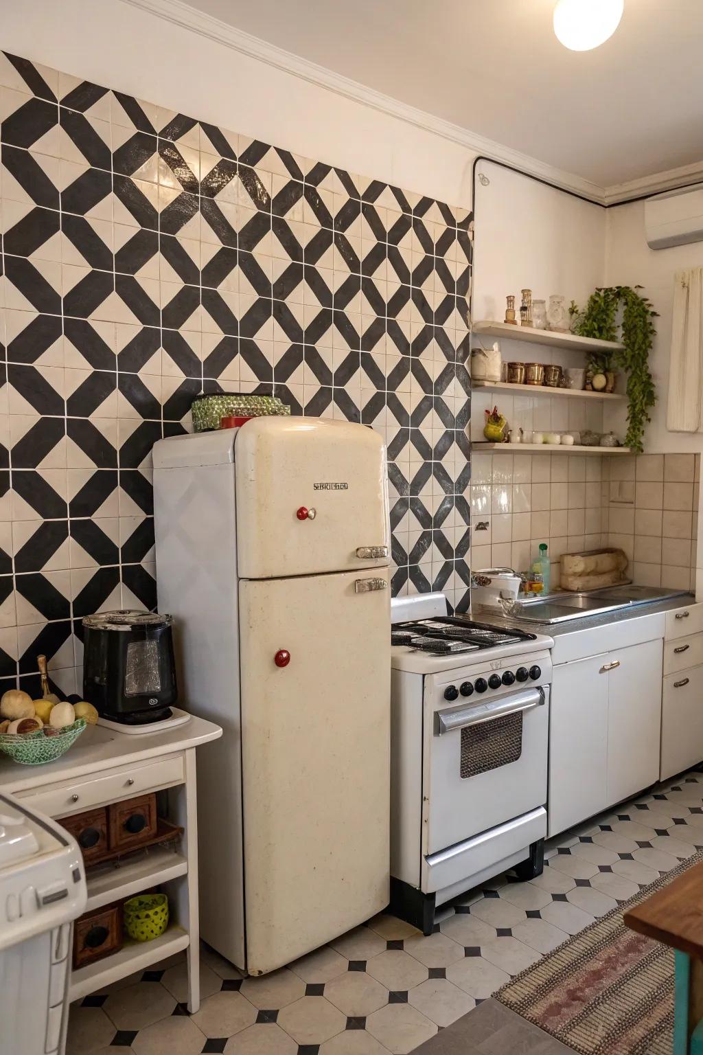 A kitchen with a playful black and white checkerboard geometric wall.