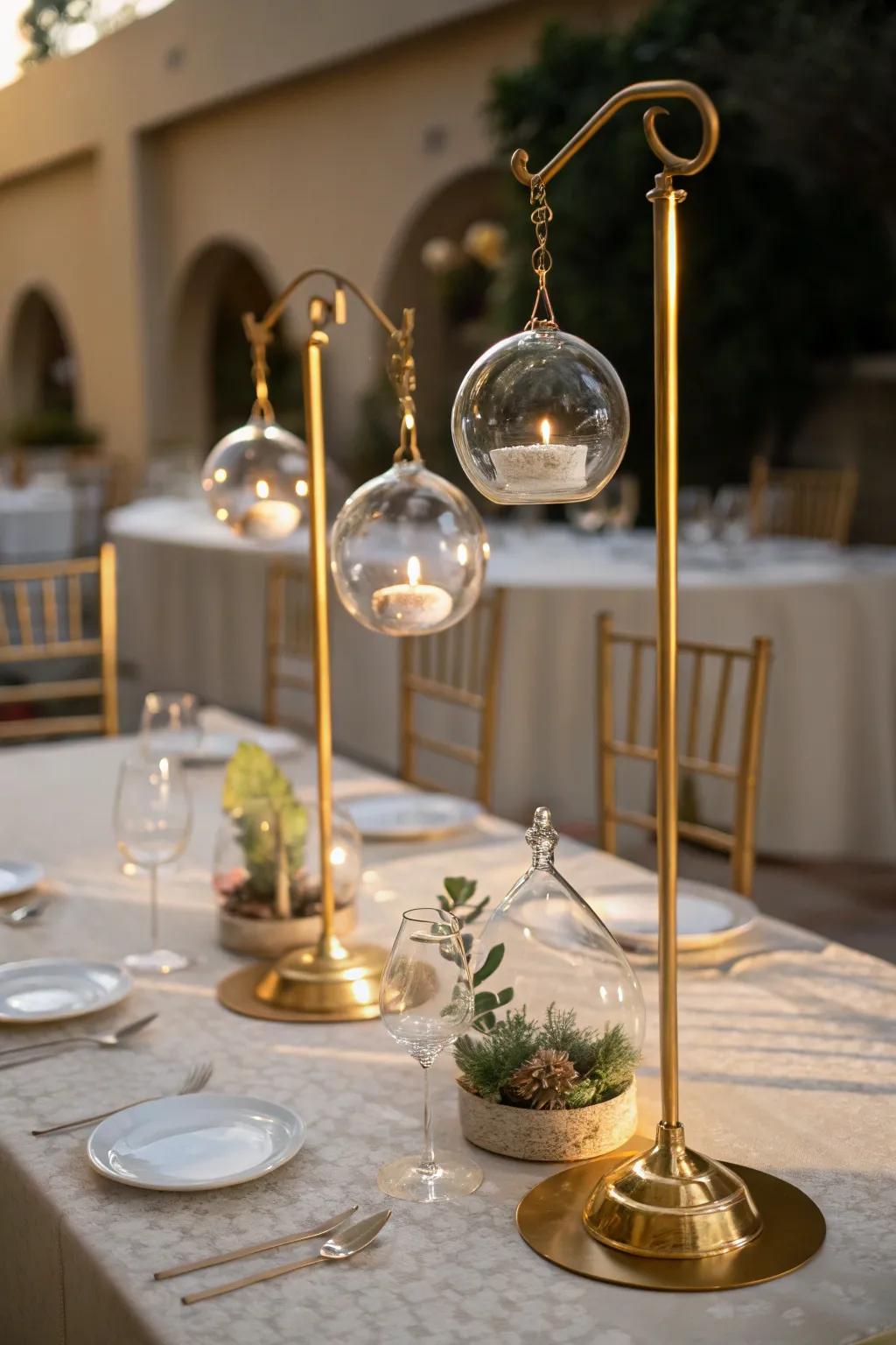 Whimsical gold stands with hanging glass globes.