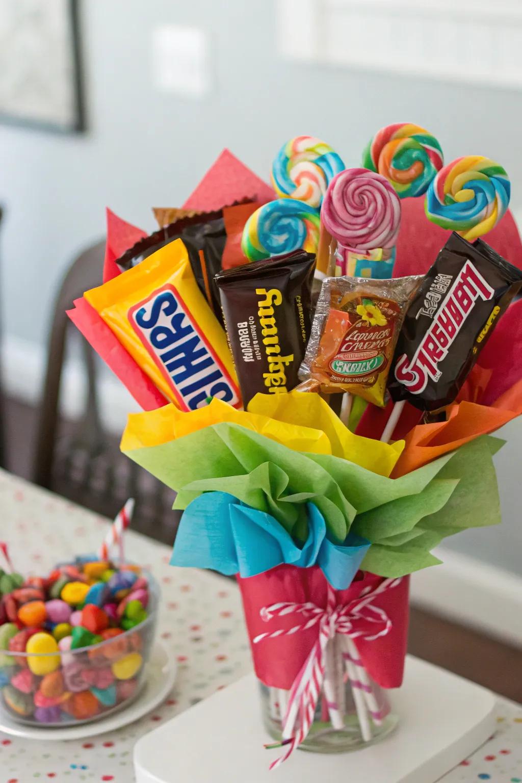 A delectable candy bouquet perfect for sweet celebrations.