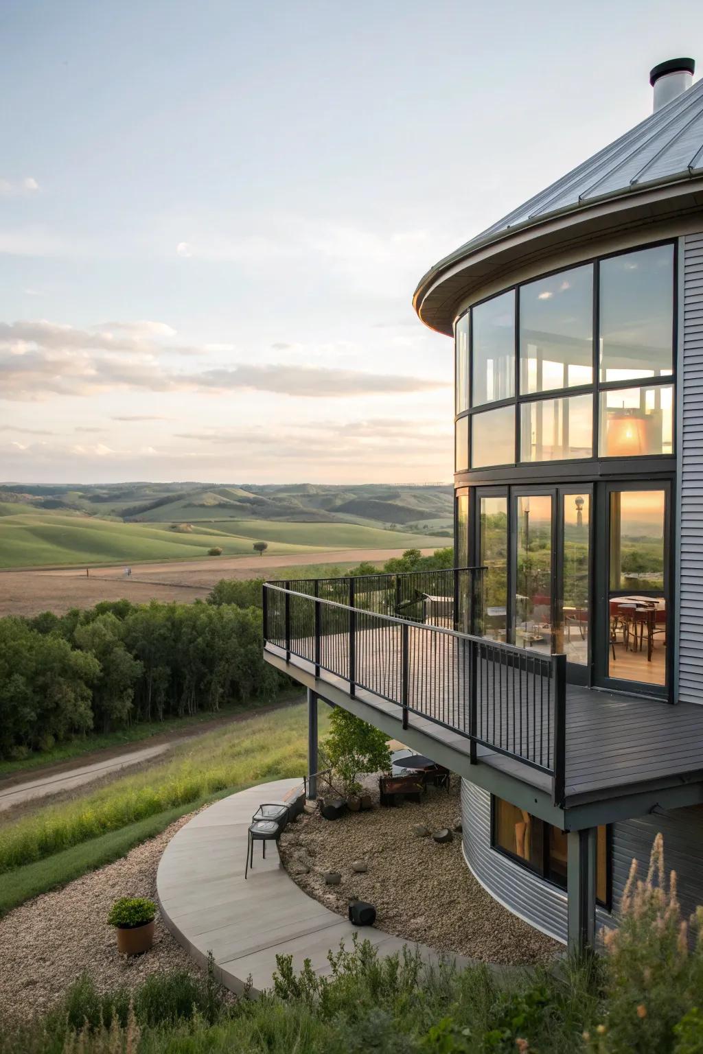 A grain bin house that brings the outdoors in with expansive views.