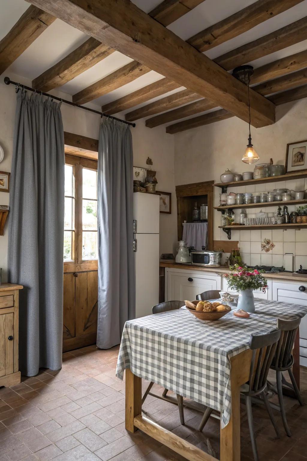 Farmhouse charm with gray curtains and wooden elements.