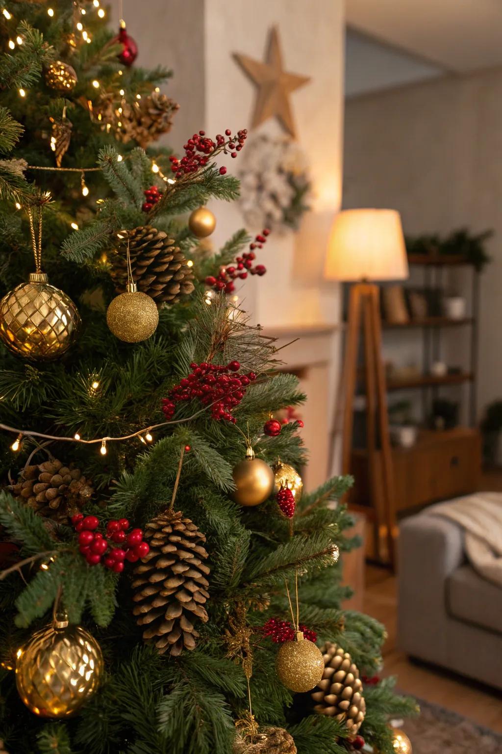 Gold-sprayed pinecones adding charm to the tree