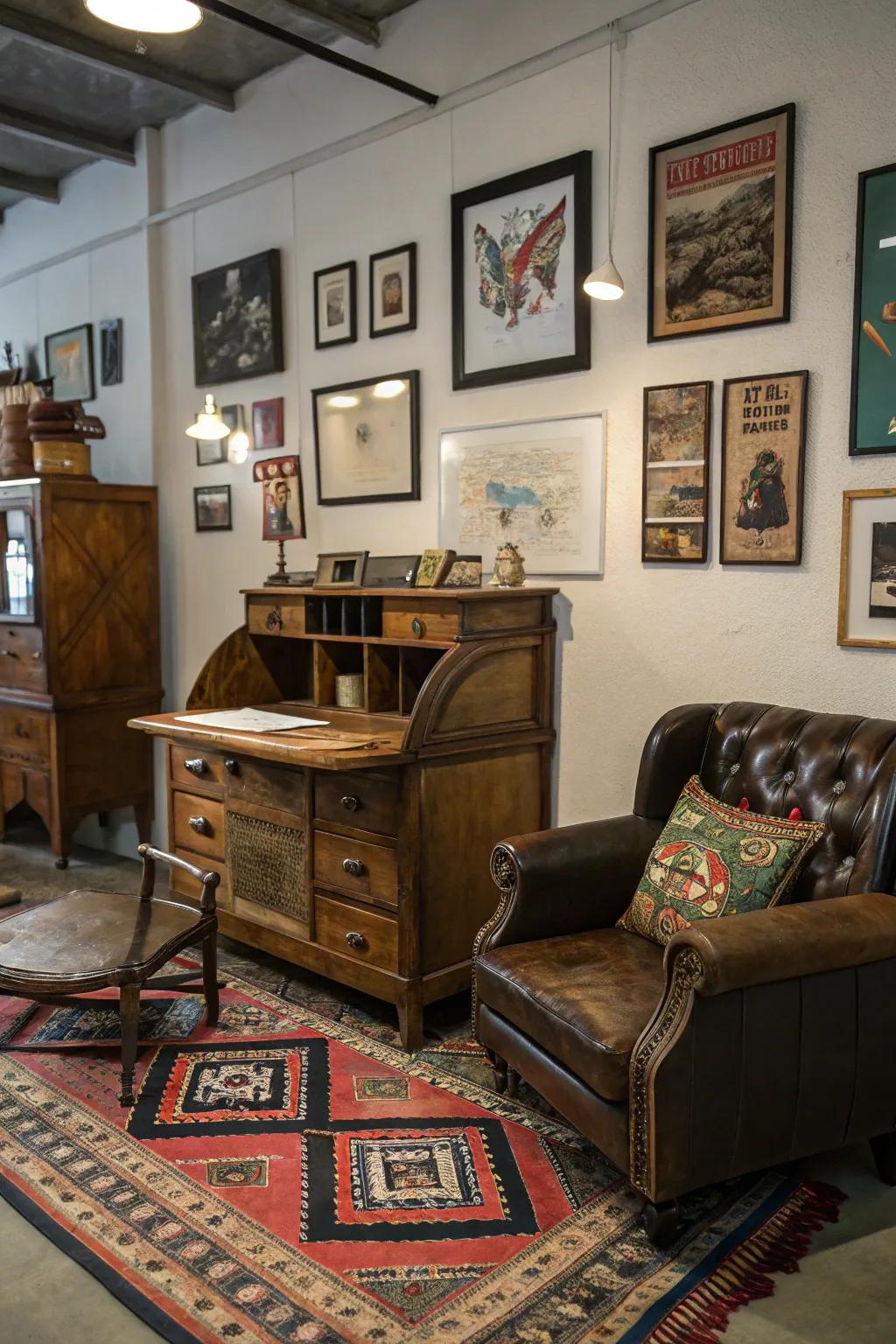 Assorted furniture fashions a unique grunge aesthetic.