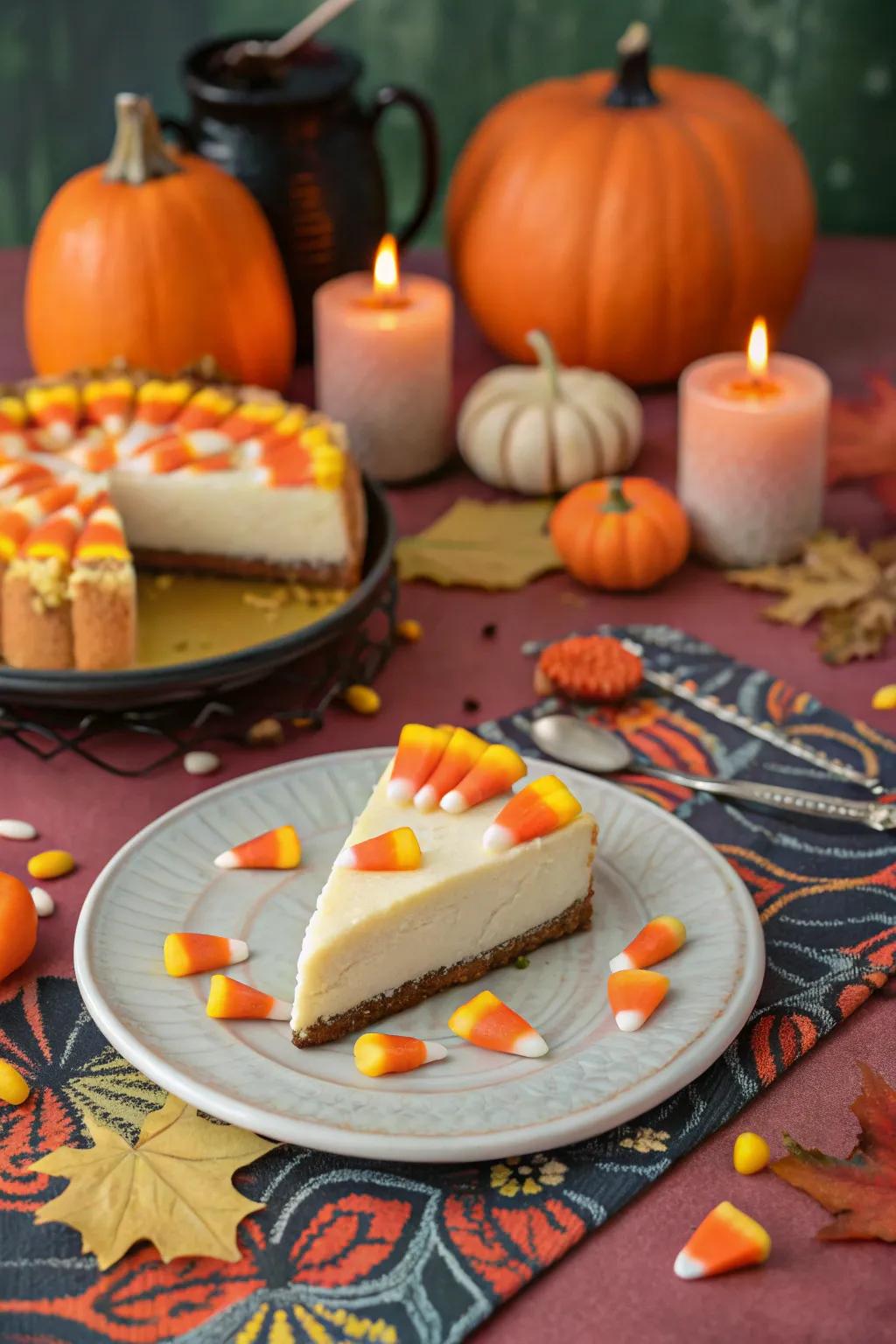 Tri-colored confection kernels contribute a quintessential element to this celebratory cheesecake.