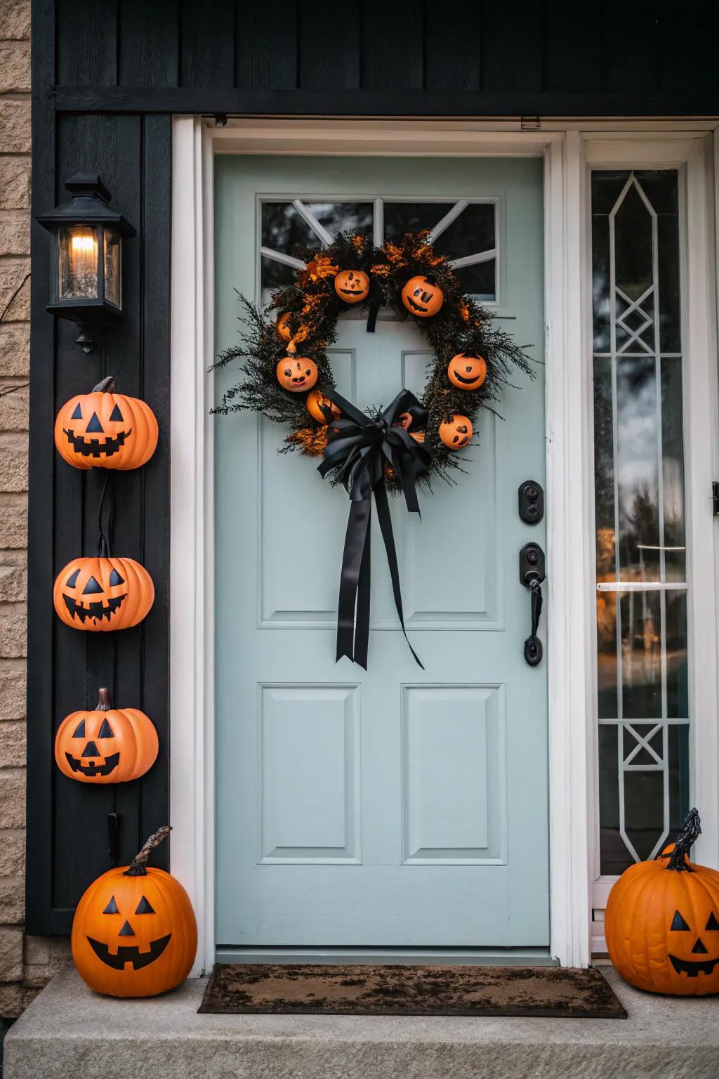 A doorway of doom welcomes guests with festive flair.