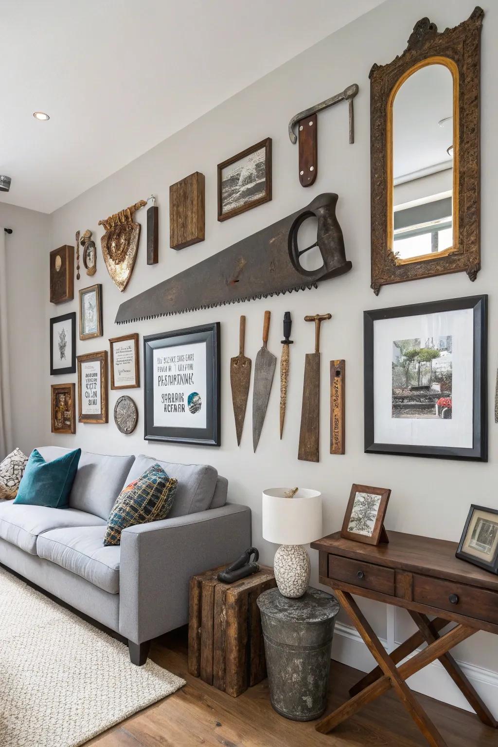 A vintage gallery wall featuring handsaws as unique art pieces.