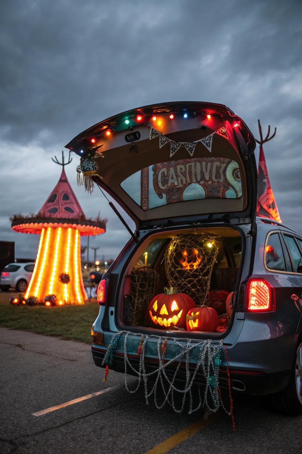 Create a themed scene like a haunted carnival for a unique trunk experience.