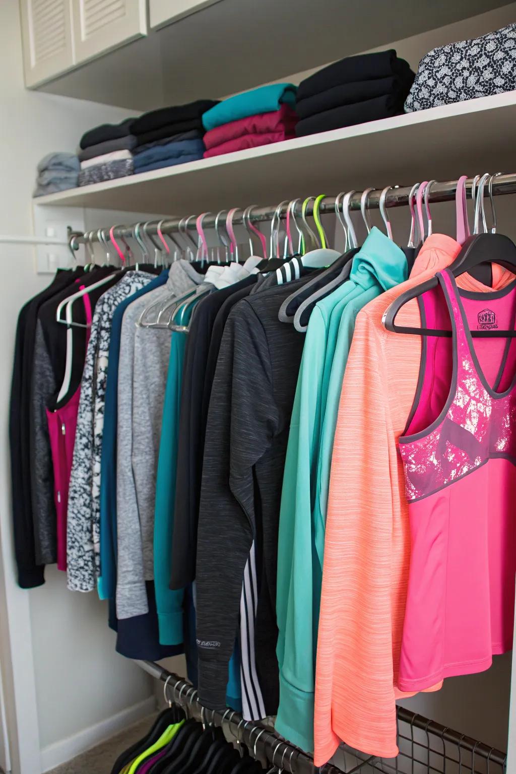 Workout tops and jackets hung neatly for easy access.