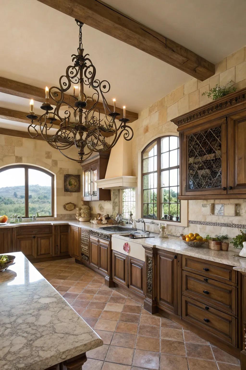 A worked iron chandelier brings sophistication and vintage appeal.