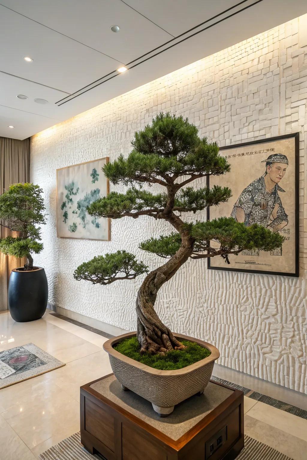 A literati juniper bonsai standing elegantly against a textured wall in a modern room.