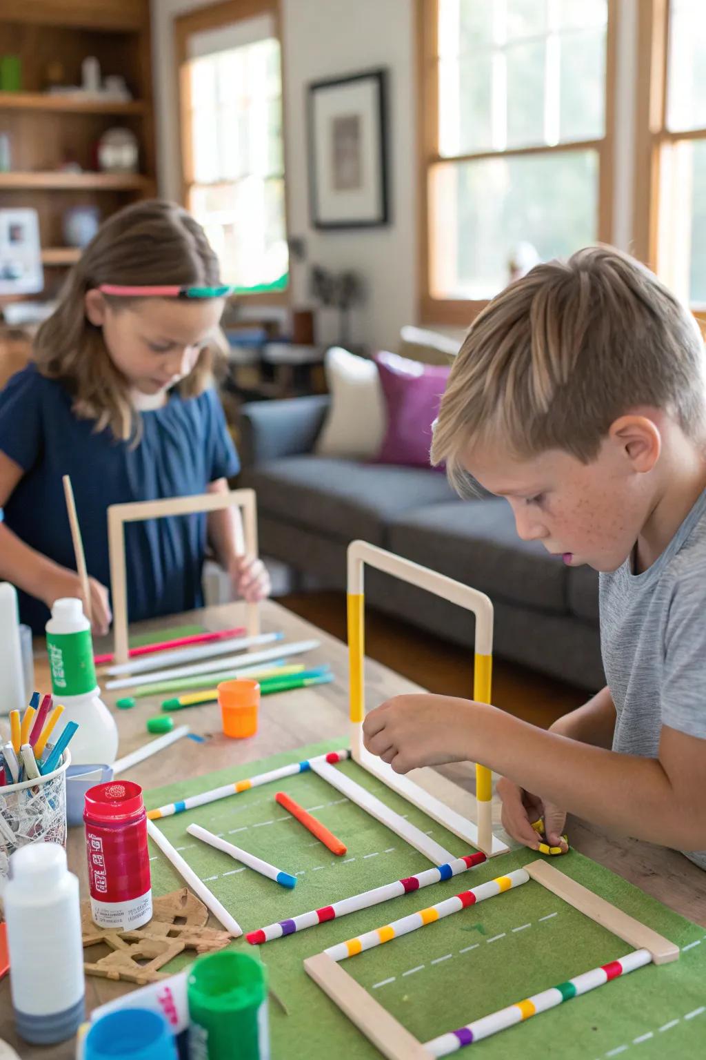 Kids crafting miniature goalposts as a party activity.