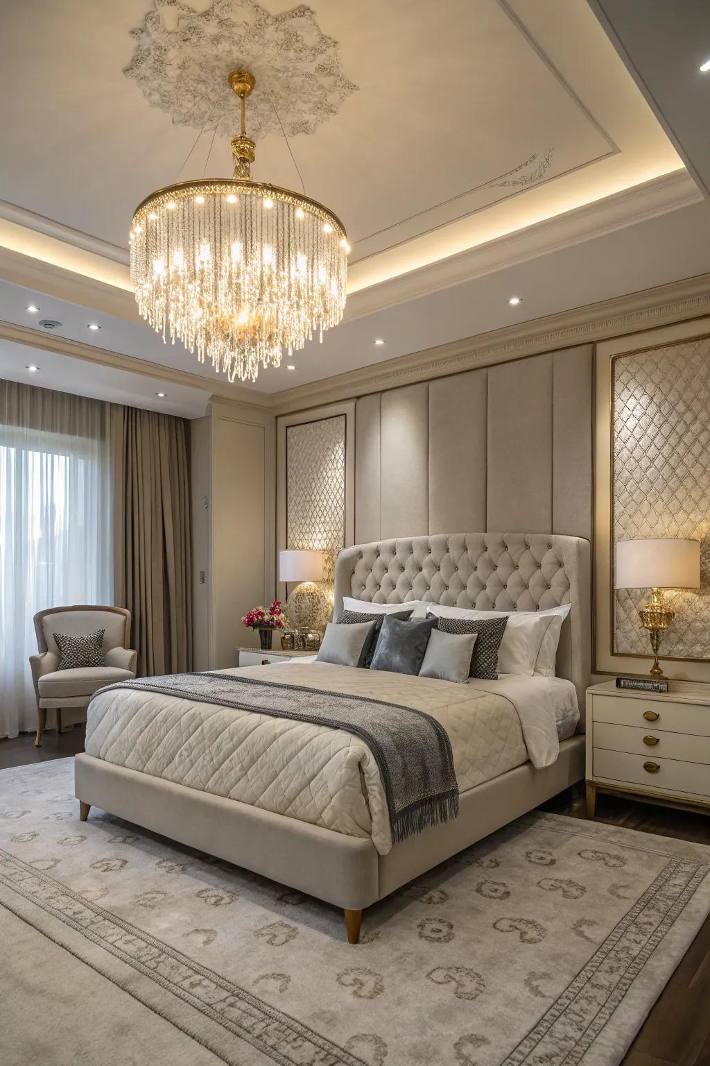 Statement lighting creates drama and elegance over this king-sized bed.