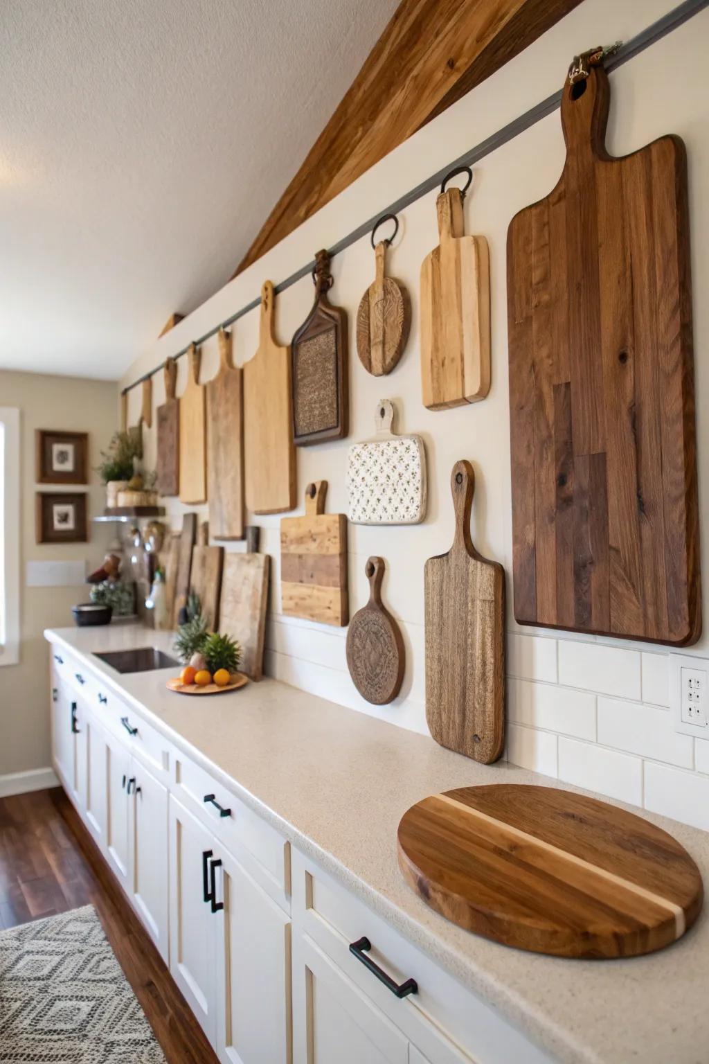 A feature wall of prep boards evolves into an impressive artistic element within the cooking area.