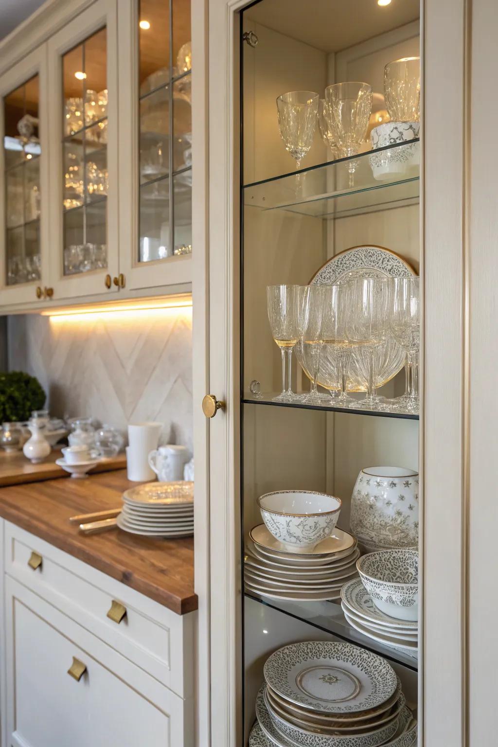 Glass display cabinets merge design with usefulness in corner locations.