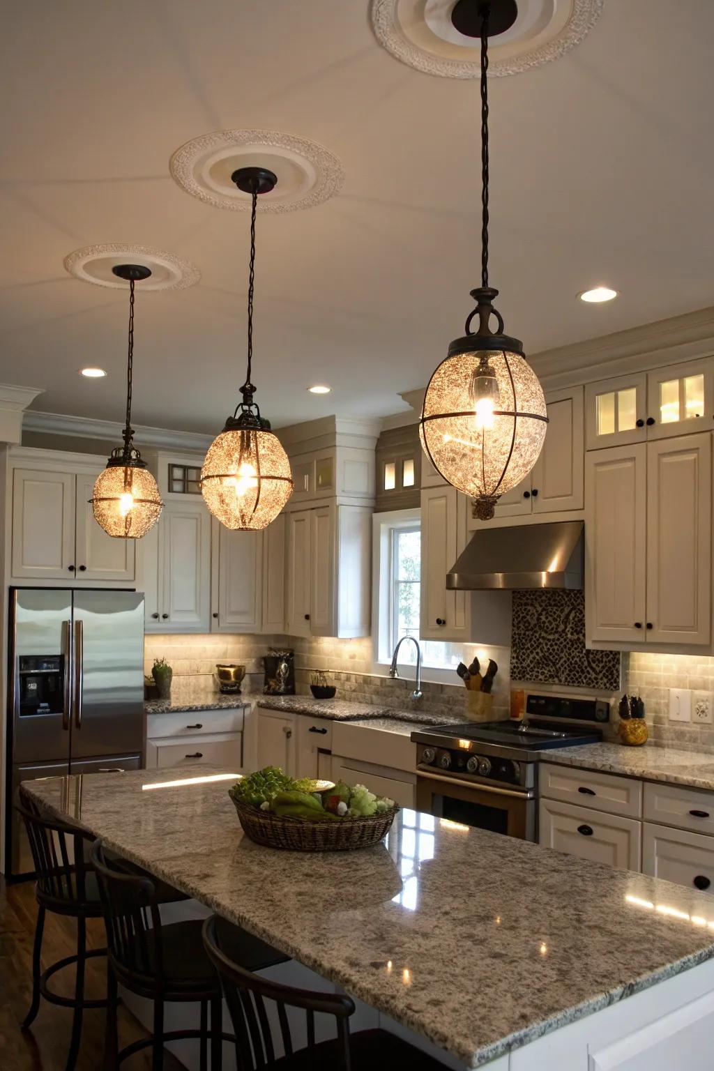 Clustered pendant lights add layers and interest to the kitchen.