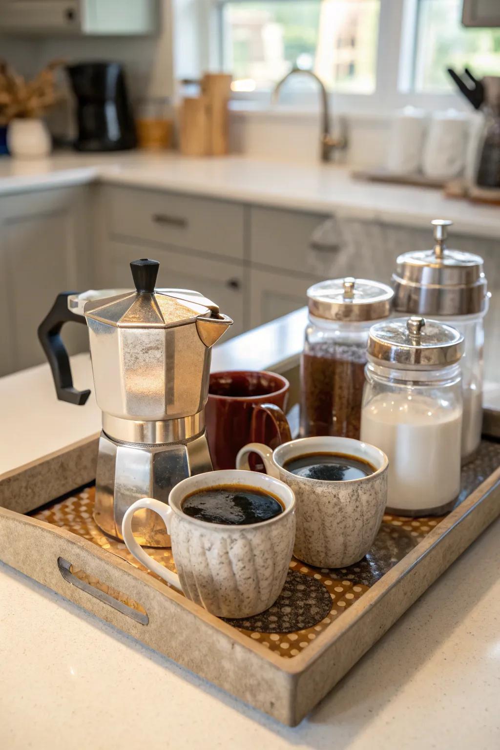 A dedicated coffee nook makes morning routines delightful.