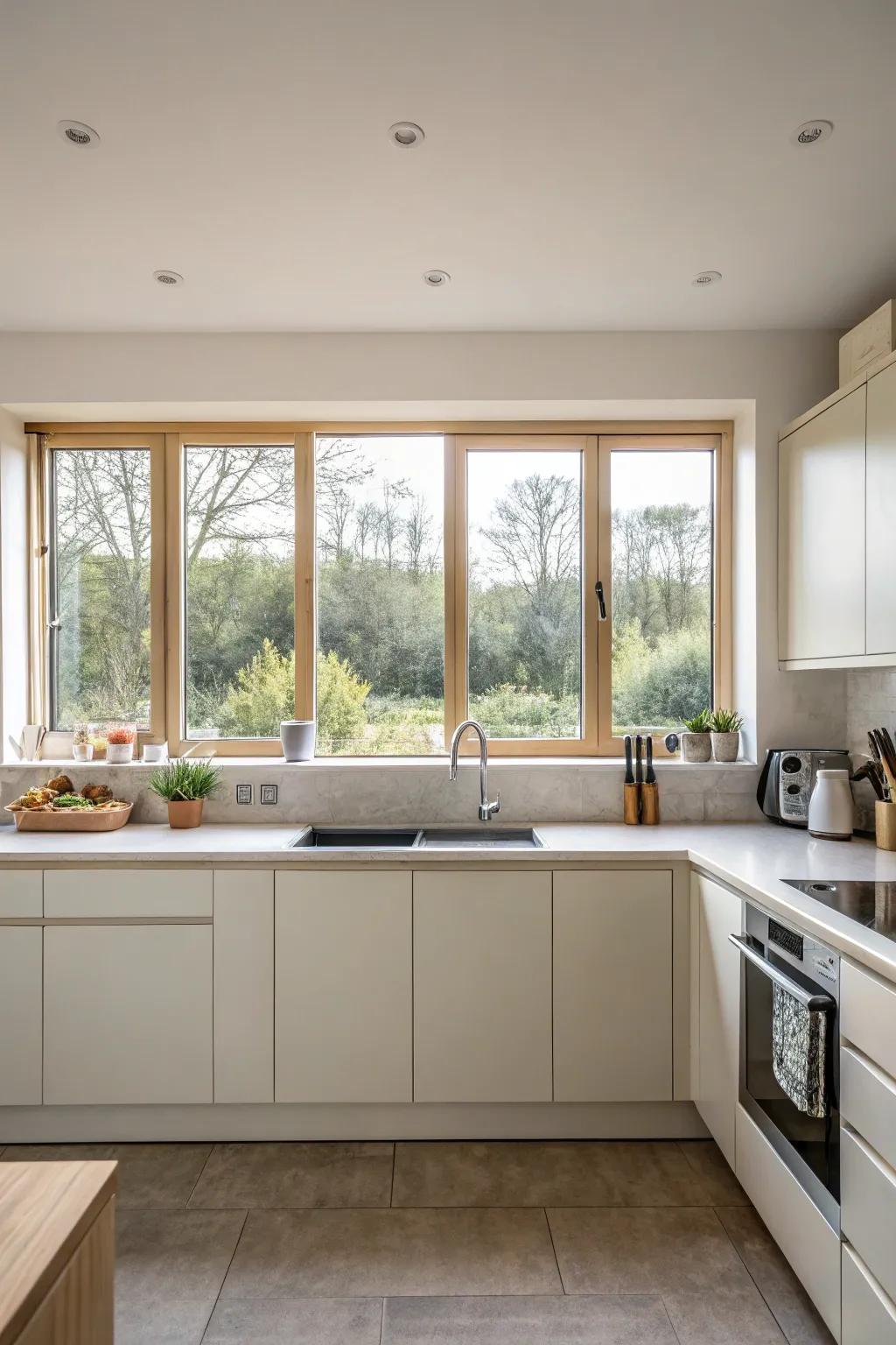 A polished kitchen equipped with side-to-side windows.