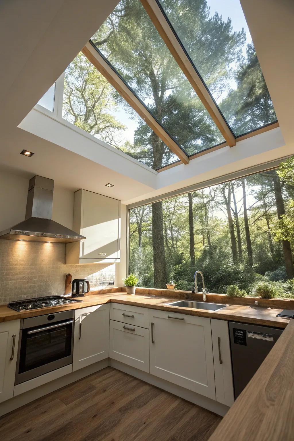 A skylight offers a breathtaking view of nature, bringing the outdoors in.