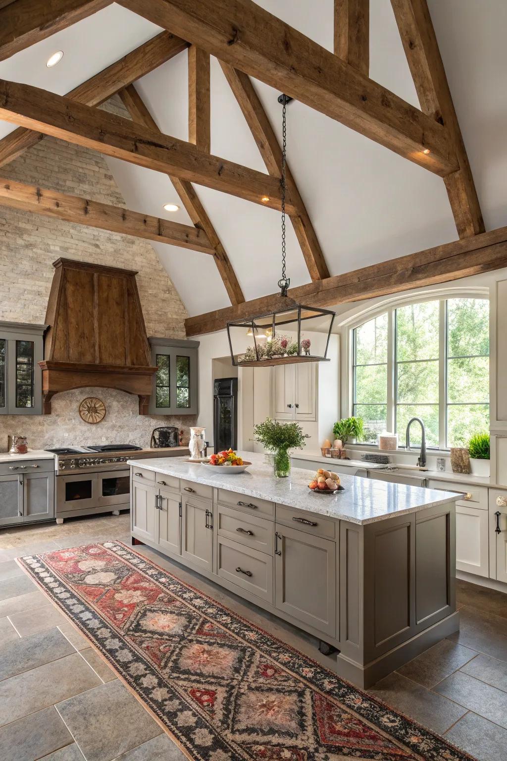 This kitchen achieves a beautiful balance with rustic and contemporary elements under its vaulted ceiling.