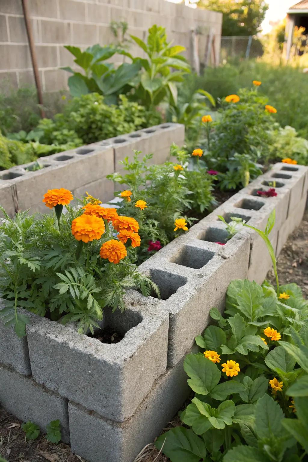 Cinder blocks offer both functionality and decorative potential for raised garden beds.