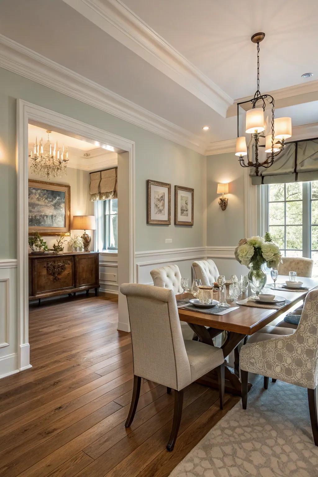 A muted color palette that establishes a serene and stylish dining space.