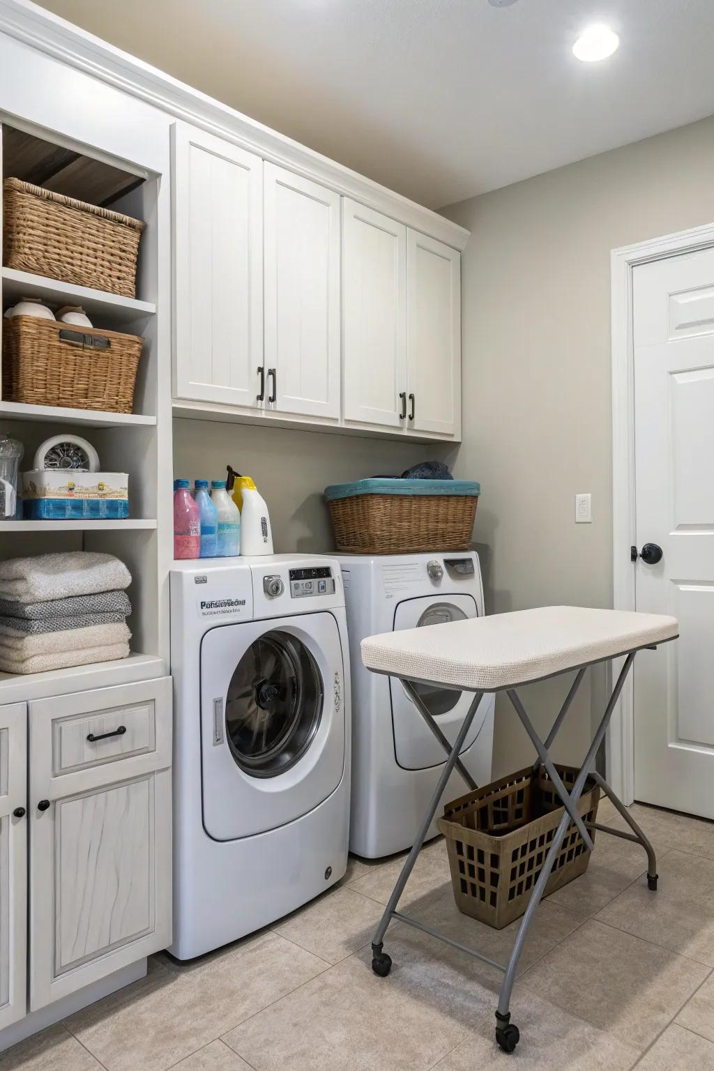 A cleverly stored laundry cart maximizes space and efficiency.