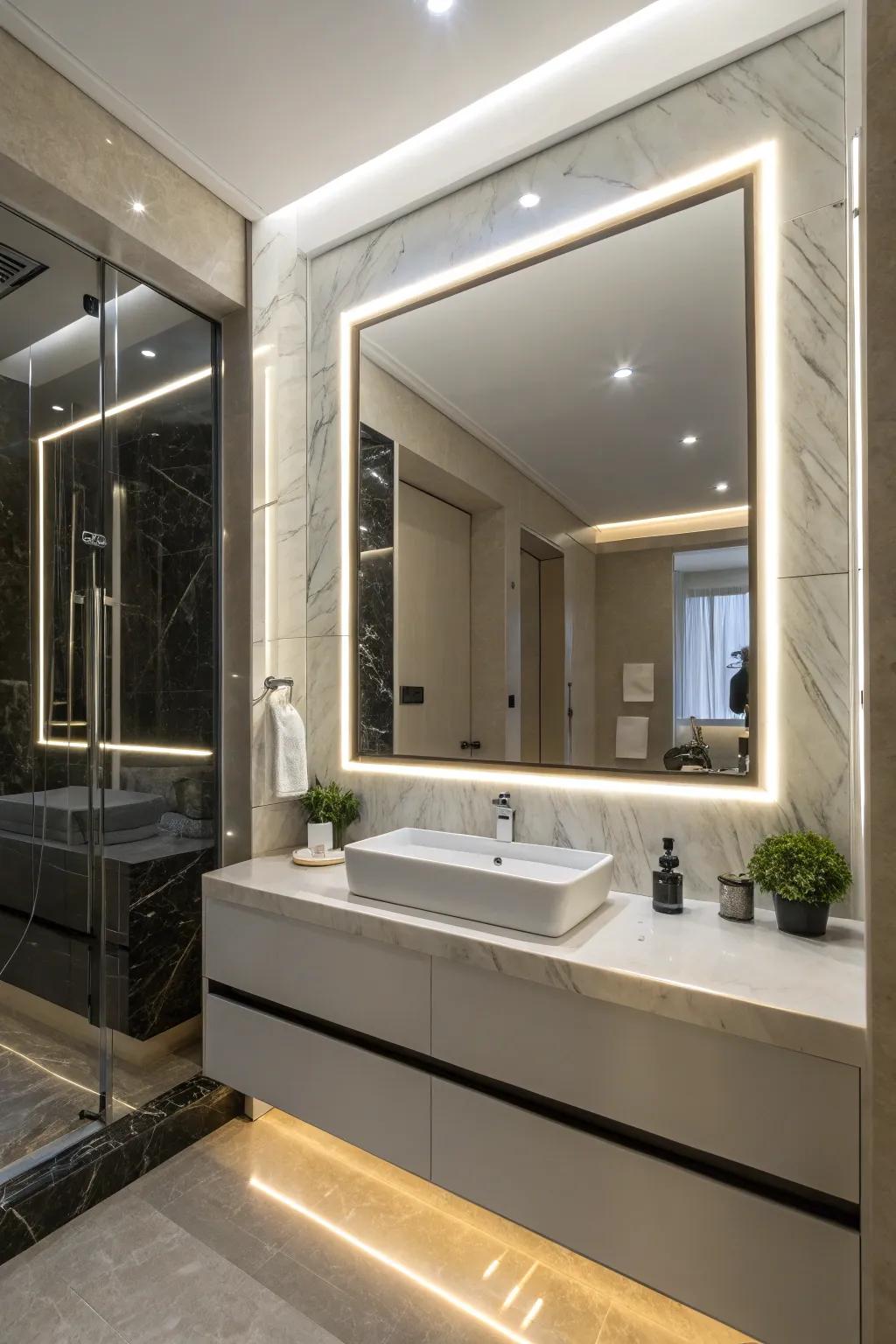 Bathroom luxury with LED-framed mirrors.