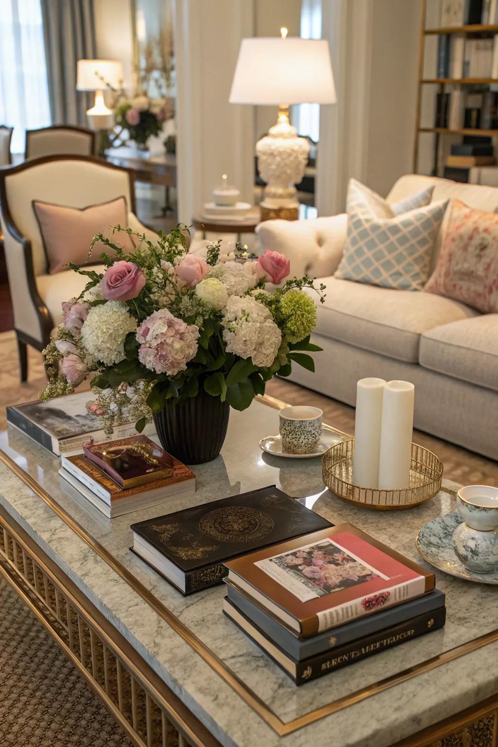 A stylish coffee table adds practicality and charm to the living room.